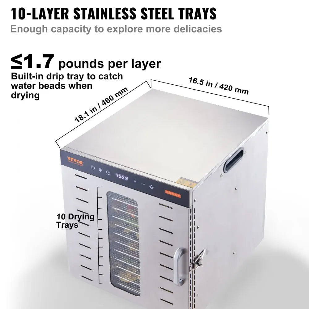 10 Trays Food Dehydrator Stainless Steel Machine 800W/1000W Household Vegetables Fruit Dryer with Digital Timer for Home