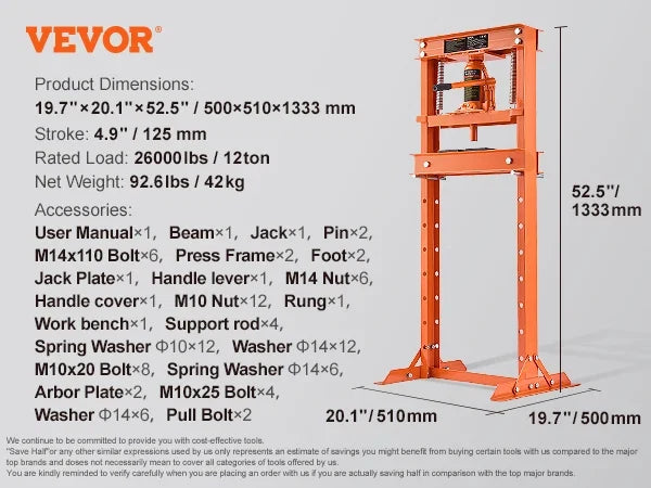 6/12 Ton Hydraulic H-Frame Garage Floor Adjustable Shop Press with Plates 6T/12T Orange for Garages or Professional Shops