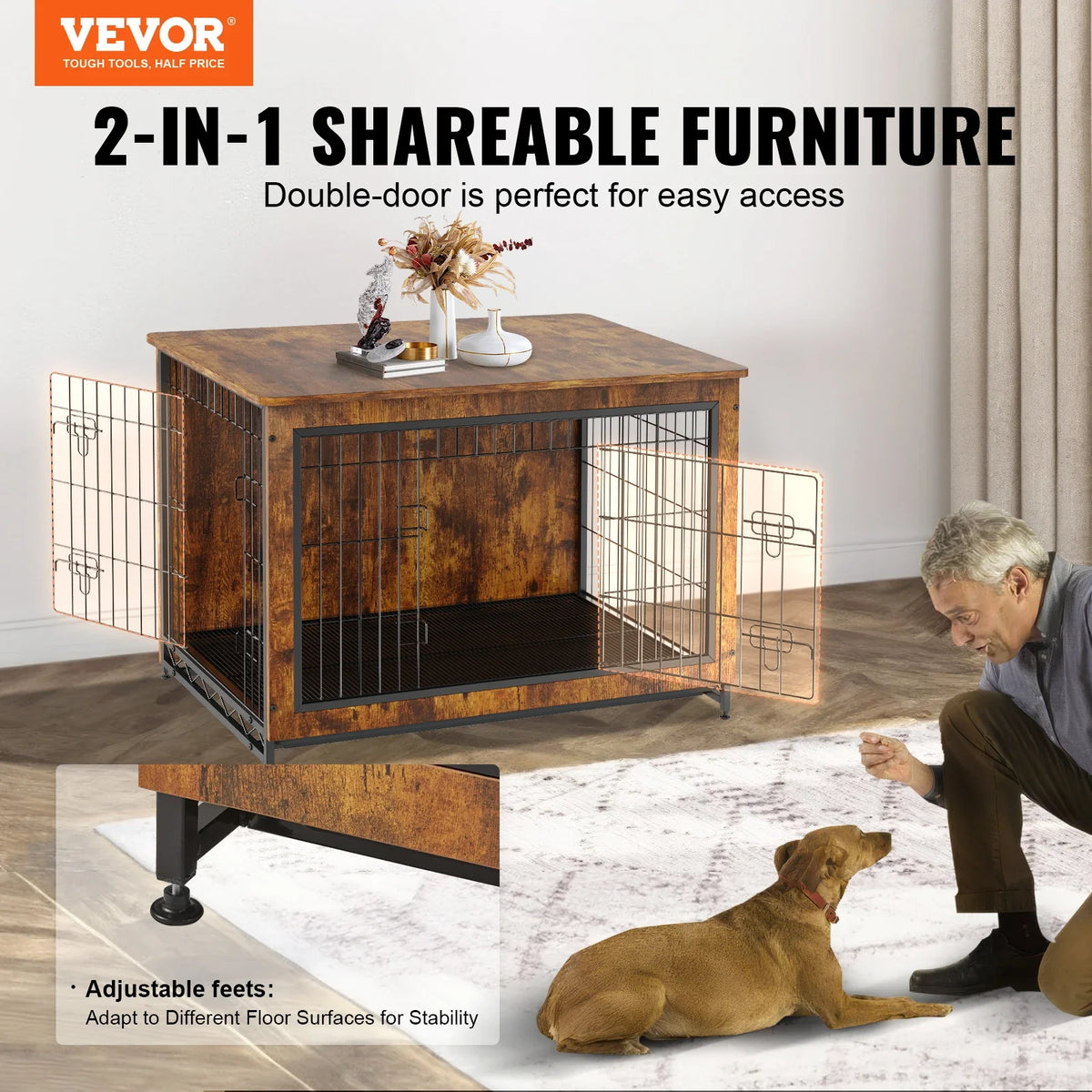 Dog Crate Furniture 38in Wooden Dog Crate W/Multi-Purpose Removable Tray Double Doors Modern Dog Kennel Indoor Up to 70lbs