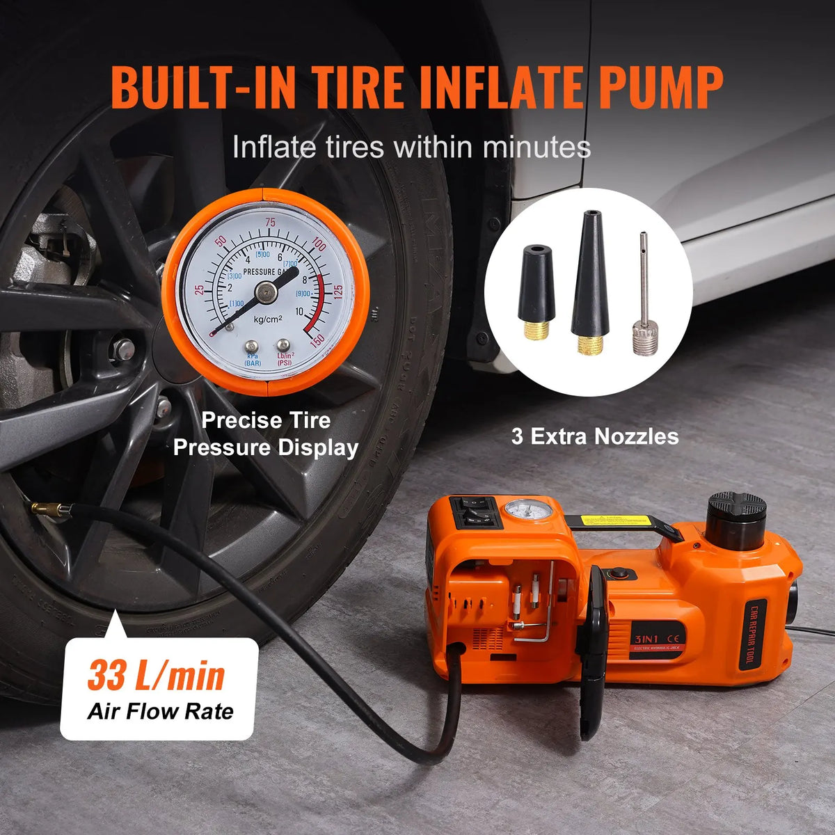 Electric Car Jack, 5 Ton/11023 LBS Hydraulic Jack Lift with Electric Impact Wrench, Built-in Inflatable Pump