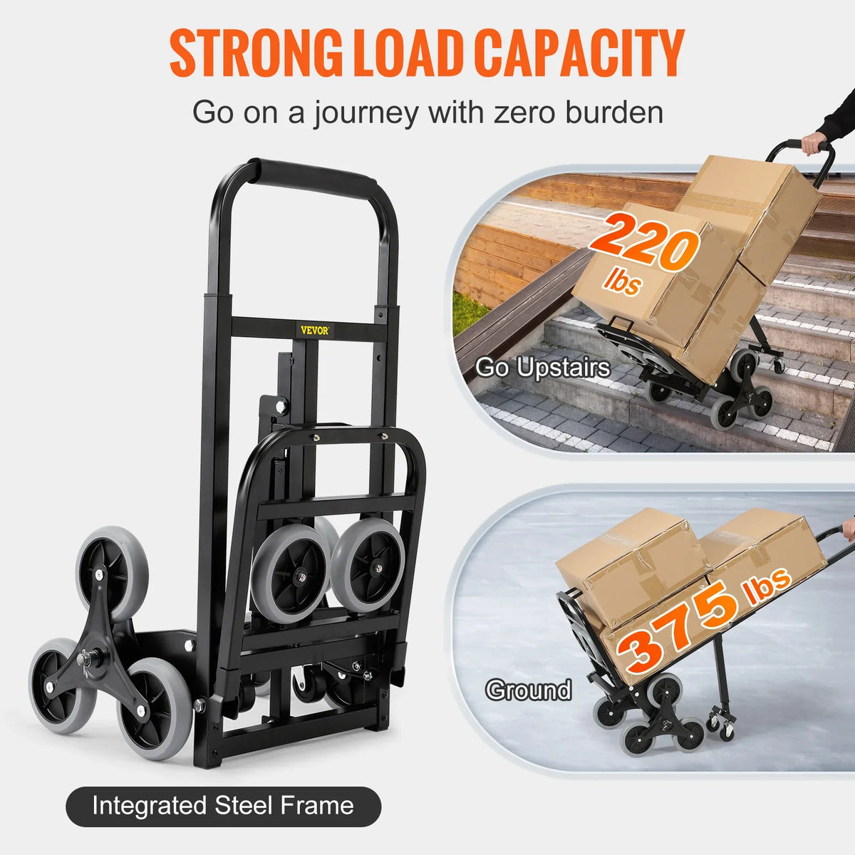 375lbs Stair Climbing Cart Foldable Dolly with Adjustable Handle Hand Truck 10 Wheels All Terrain Cart for Transport Goods