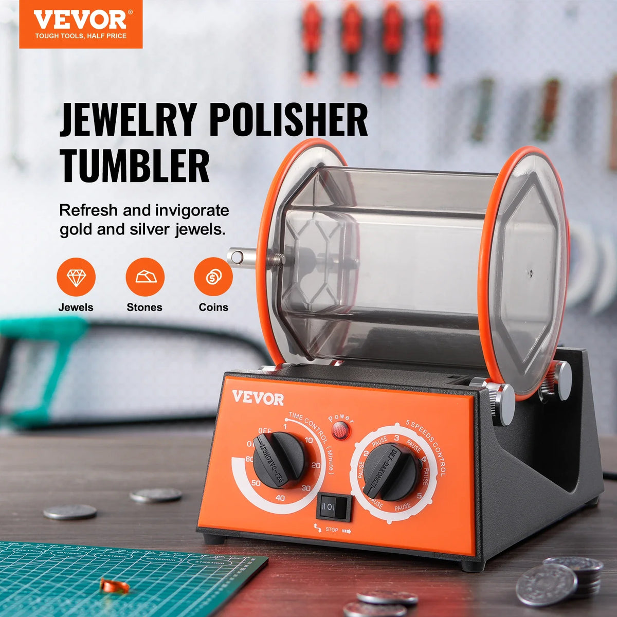 Jewelry Polisher Tumbler, 3/5kg Capacity Mini Rotary Tumbler Machine w/0-60 Minutes Timer,5 Speeds Jewelry Rotary Finisher