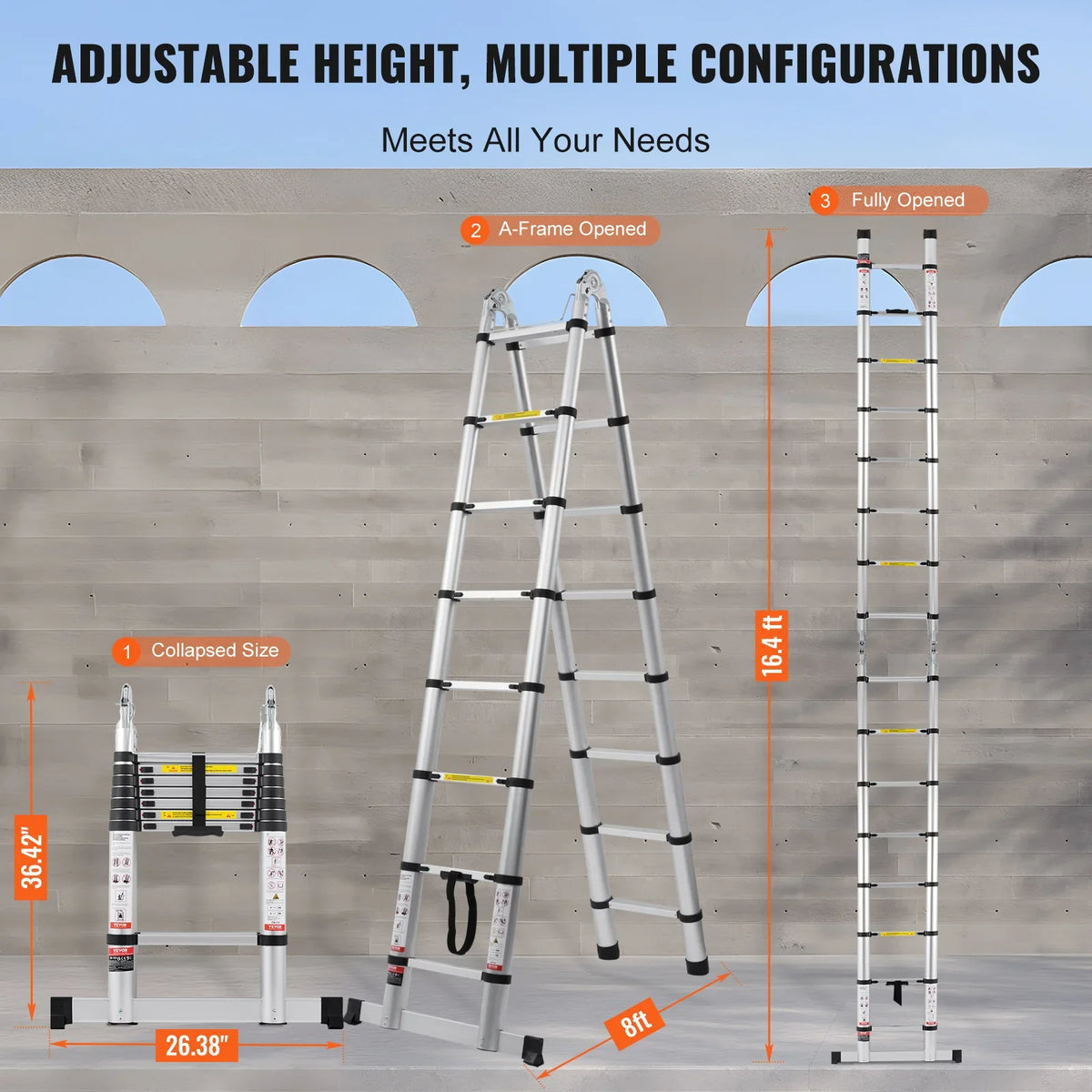 Telescoping Ladder 16.5FT A-Shape Aluminum Extension Ladder Lightweight Retraction Collapsible Multi-Purpose RV Ladders