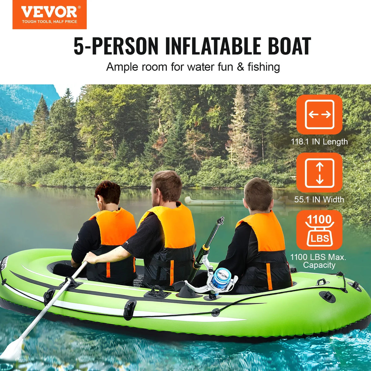 Inflatable Boat 4-Person Inflatable Fishing Boat Strong PVC Portable Boat Raft Kayak 45.6" Aluminum Oars High-Output Pump