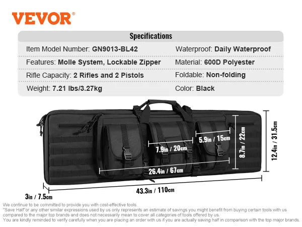 Rifle Bag 36/42 inch Tactical Double Long Gun Bag Soft Rifle Case with Lockable Zipper for Two 34"/40" Rifles & 2 Pistols