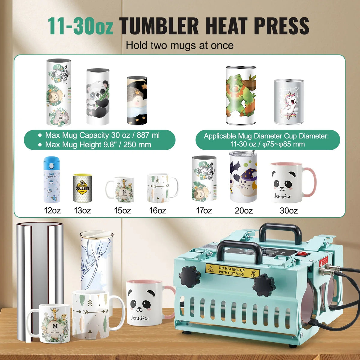 Tumbler Heat Press Machine 2 Station Heaters, 11-30oz Mug Press for Sublimation Tumblers, Cups,  Mugs