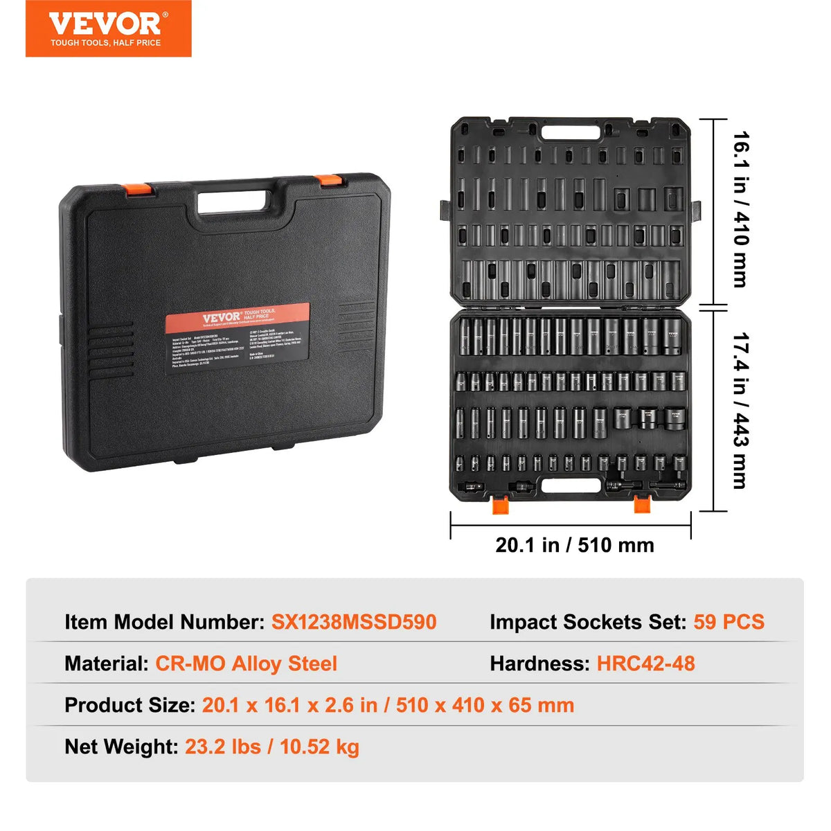 Impact Sockets Set 59pcs 6-Point 3/8" & 1/2" Drive Bit Ratchet Tool Kit Alloy Steel for Auto Repair, Easy-to-Read Markings