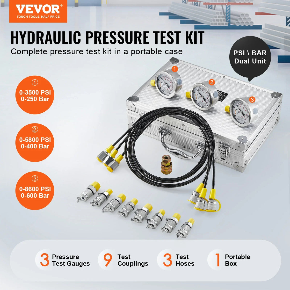 Hydraulic Pressure Test Kit 250/400/600bar 3 Gauges 9 Test Couplings for Excavator Tractors Construction Machinery