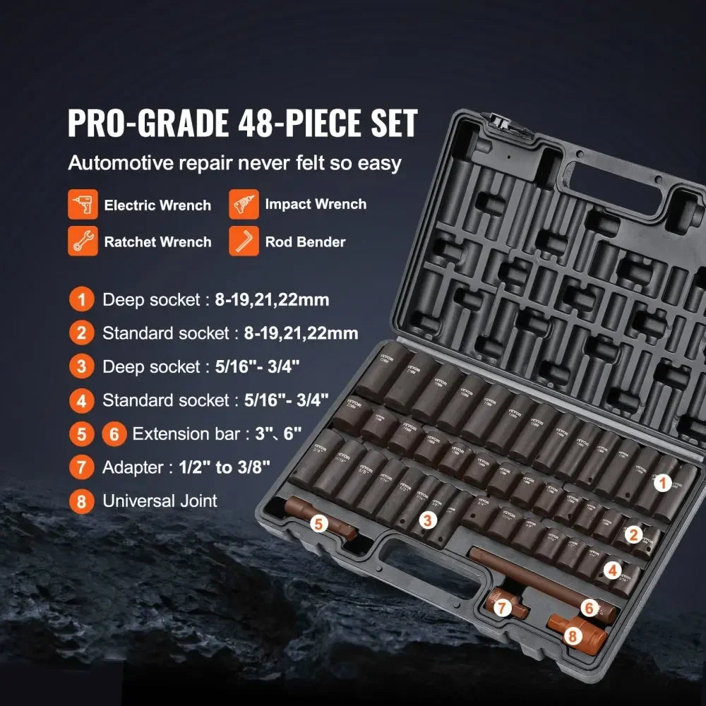 1/2" 3/8" Drive Impact Socket Set 13/23/33/34/48/65/90PCs SAE or Metric Cr-V/Cr-Mo Socket Set 6 Point Alloy Steel Repair