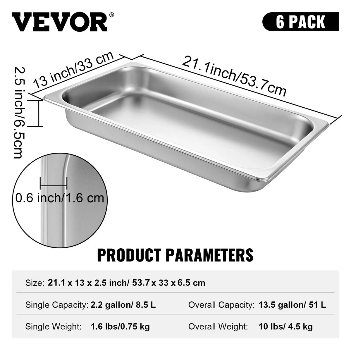 4/6 Pack Steam Table Pans Full Size Deep Food Container Stainless Steel Oven Tray Hotel Pans Anti-Jam Steam Table Food Pan