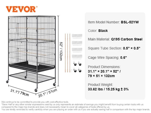 52/54inch Standing Large Bird Cage, Wrought Iron Flight Bird Cage for Cockatiels ,Parrots, Macaw w/Rolling Stand and Tray