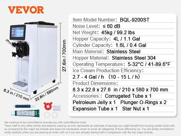 Commercial Ice Cream Machine,10.6Qt/H Yield, Single Flavor Countertop Soft Serve Ice Cream Maker, 4L Hopper 1.6L Cylinder