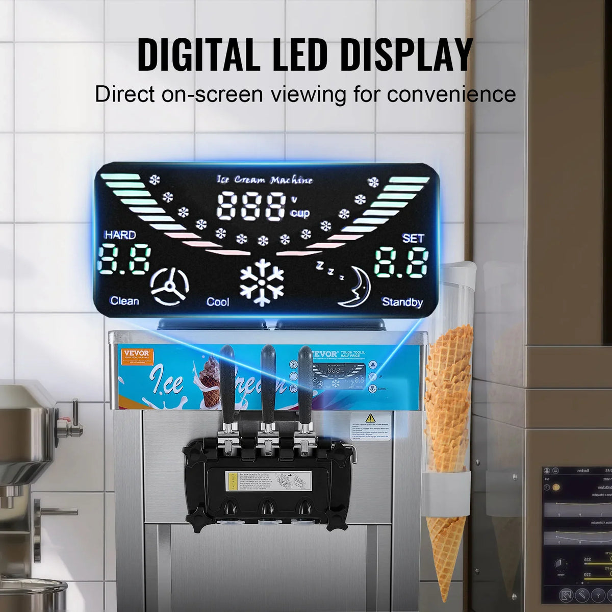 Commercial Ice Cream Machine,21-31 L/H Yield,1800W 3-Flavor Freestanding Soft Serve Ice Cream Maker,Auto Clean Pre-cooling