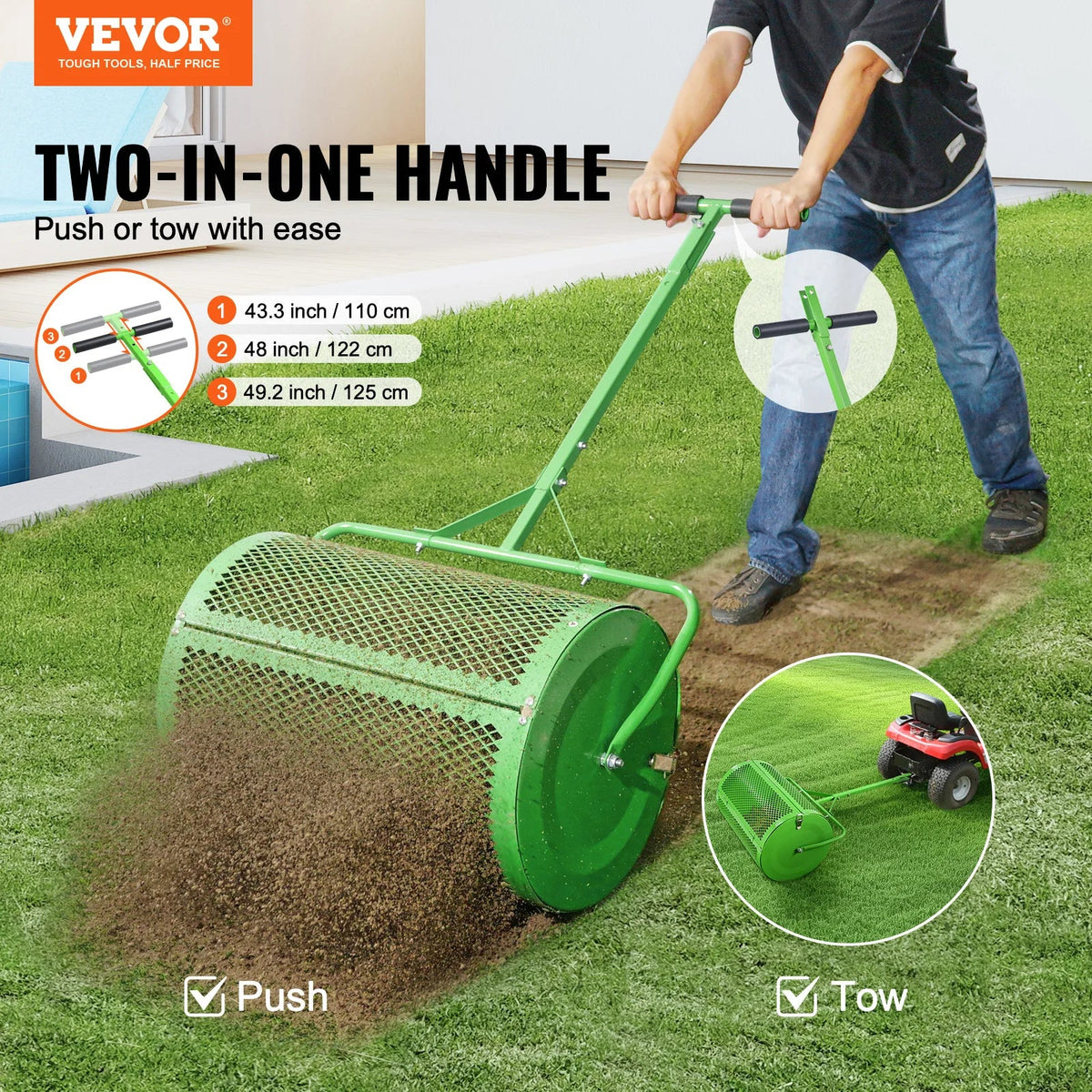 Compost Spreader and Peat Moss Spreader 24 in Push/Tow-Behind Roller Lawn Spreader with Height Adjustable T Shaped Handle