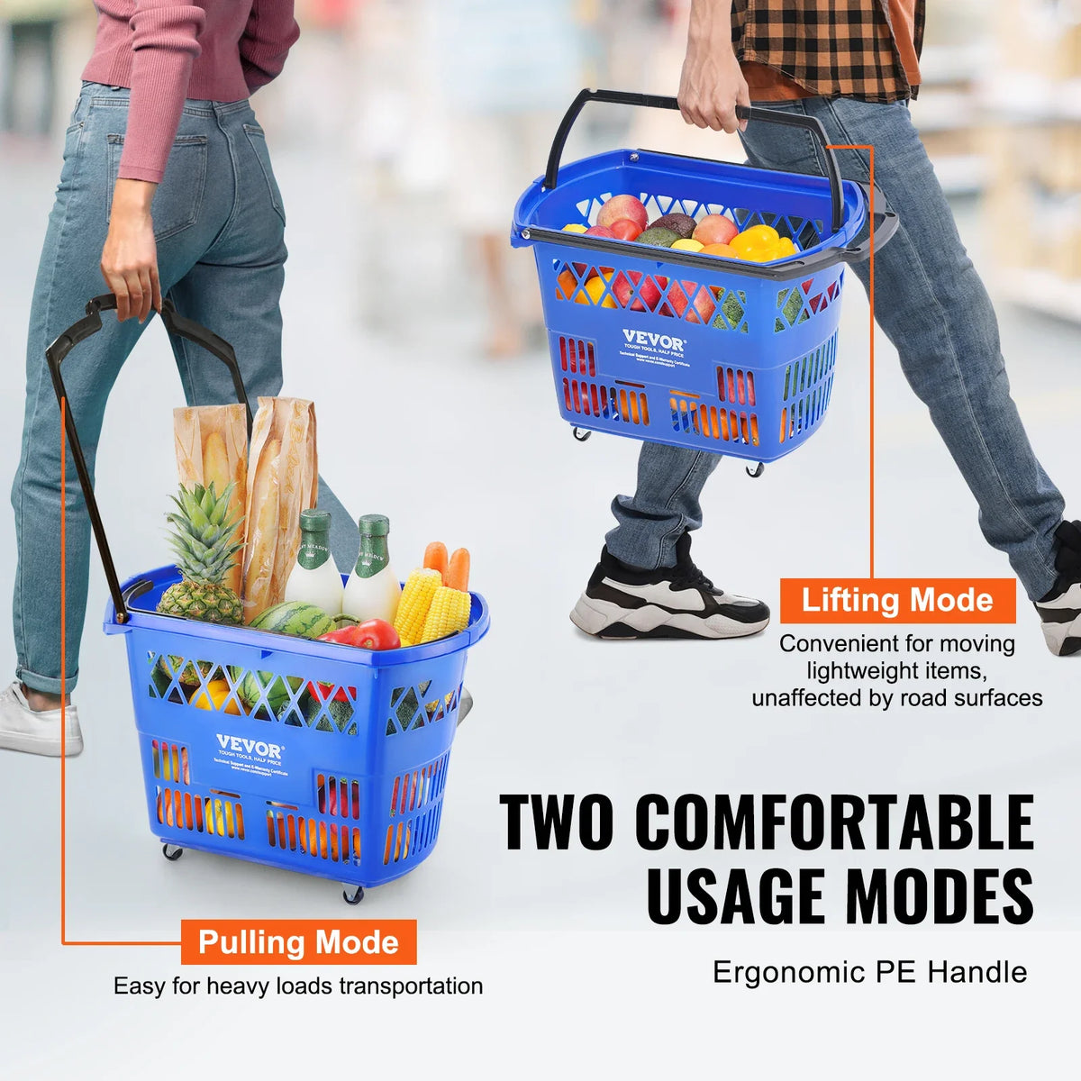 6PCS 39L Shopping Carts with Handles Plastic Rolling Shopping Basket with Wheels for Supermarkets Retail Stores Grocery