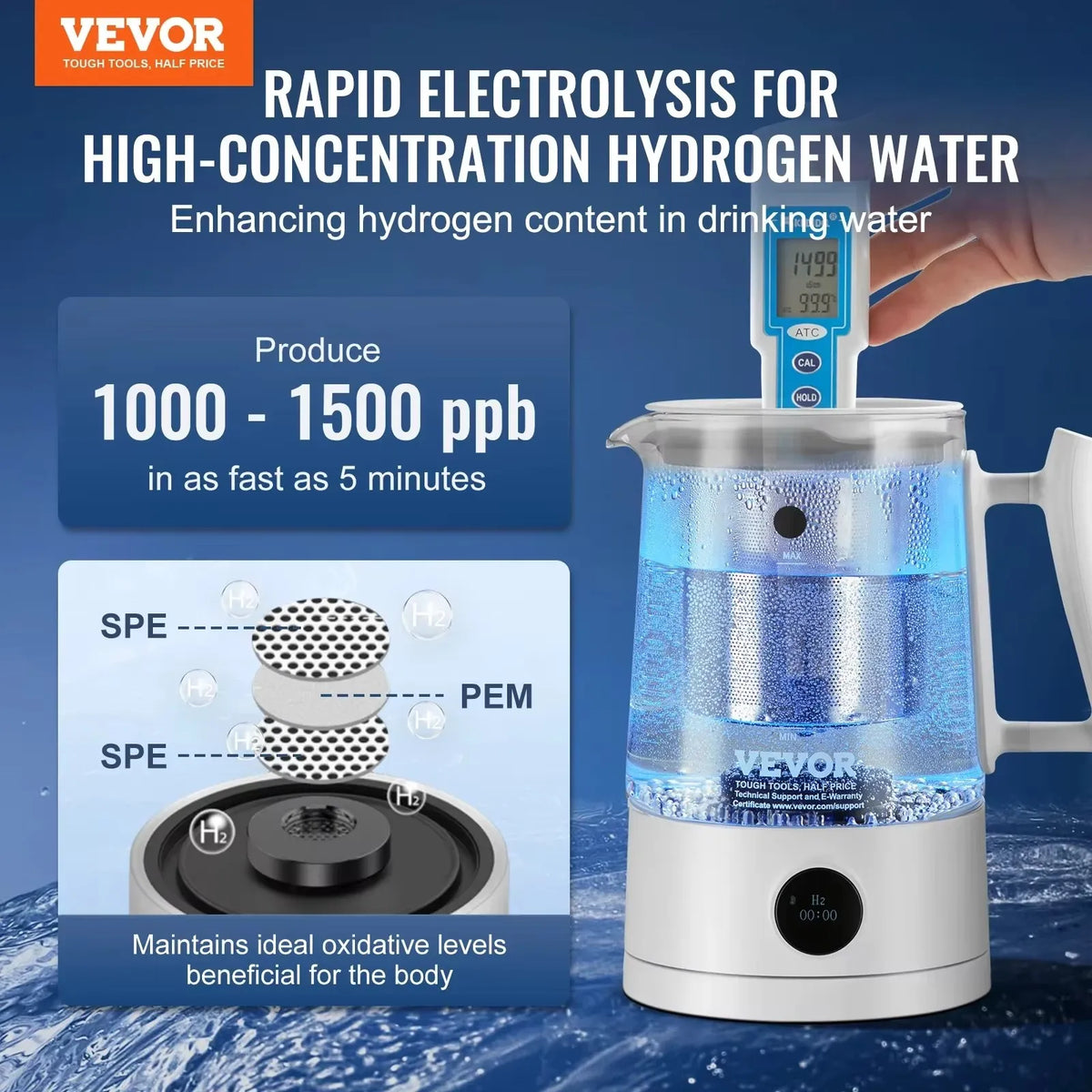 Hydrogen Water Pitcher1.5 L / 52.8 oz Large Capacity Hydrogen Generator Water Kettle Hydrogen Rich Water Ionizer Machine
