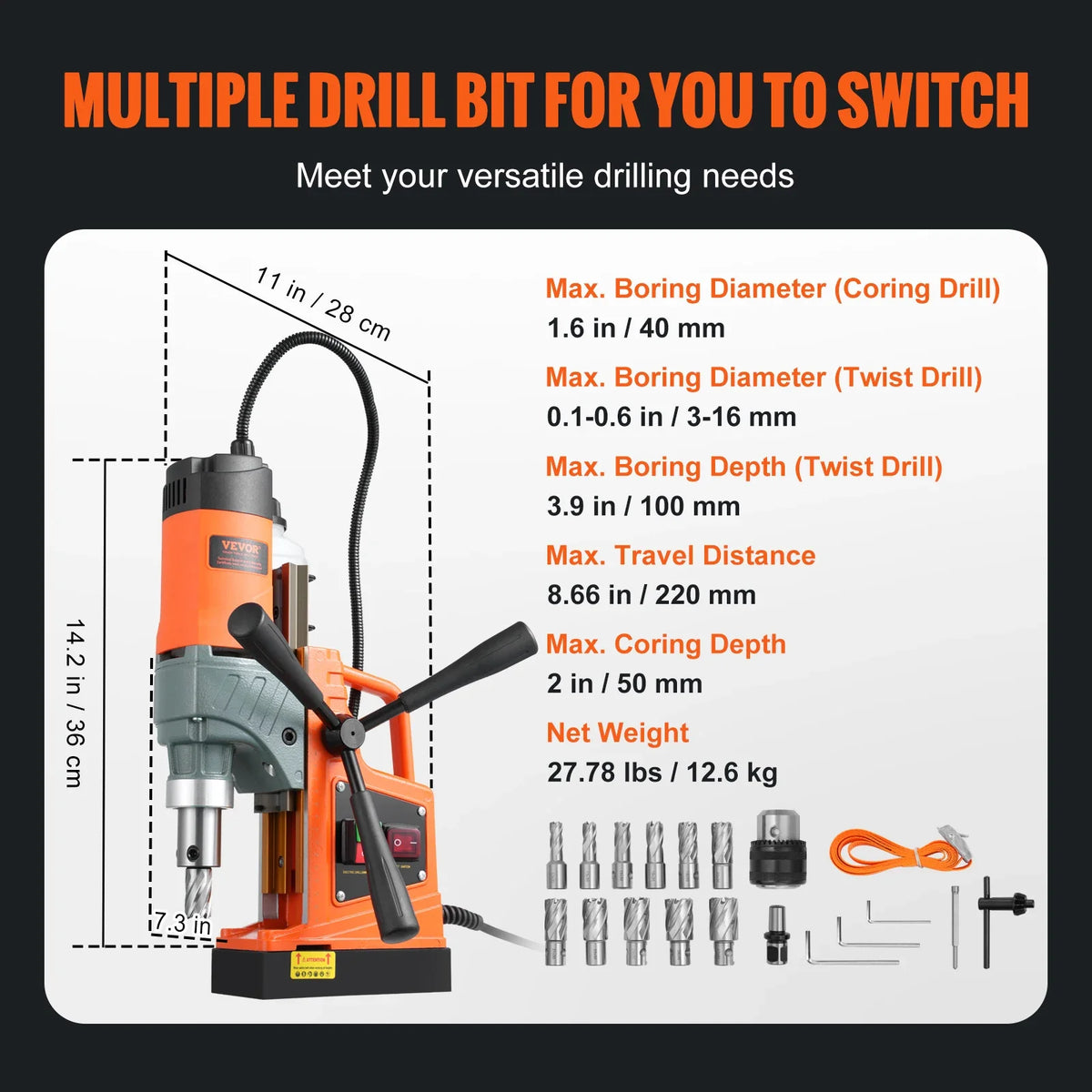 Magnetic Drill 1450W 1.57" Dia 12500N 850RPM Portable Electric Mag Variable Speed Drilling Machine for Improvement/Railway