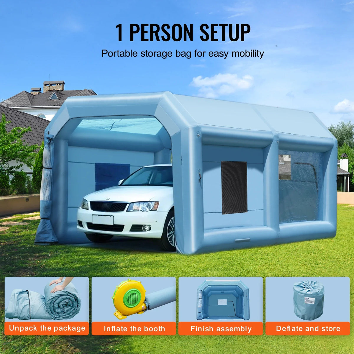 21 x 13.5 x 9.8 ft Inflatable Spray Booth, with 1100W Powerful Blower, for Medium-Sized Vehicles Large Furniture Painting