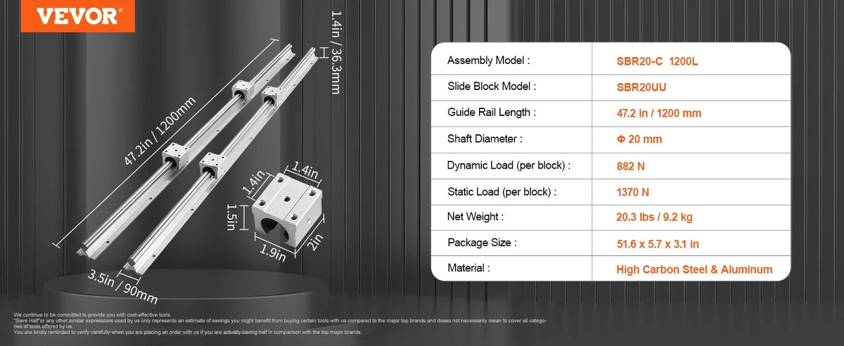2PCS Linear Guide Rails SBR12 SBR16 SBR20 SBR25 800-2200mm & 4PCS UU Bearing Blocks Smooth Motion for DIY Mills CNC Parts