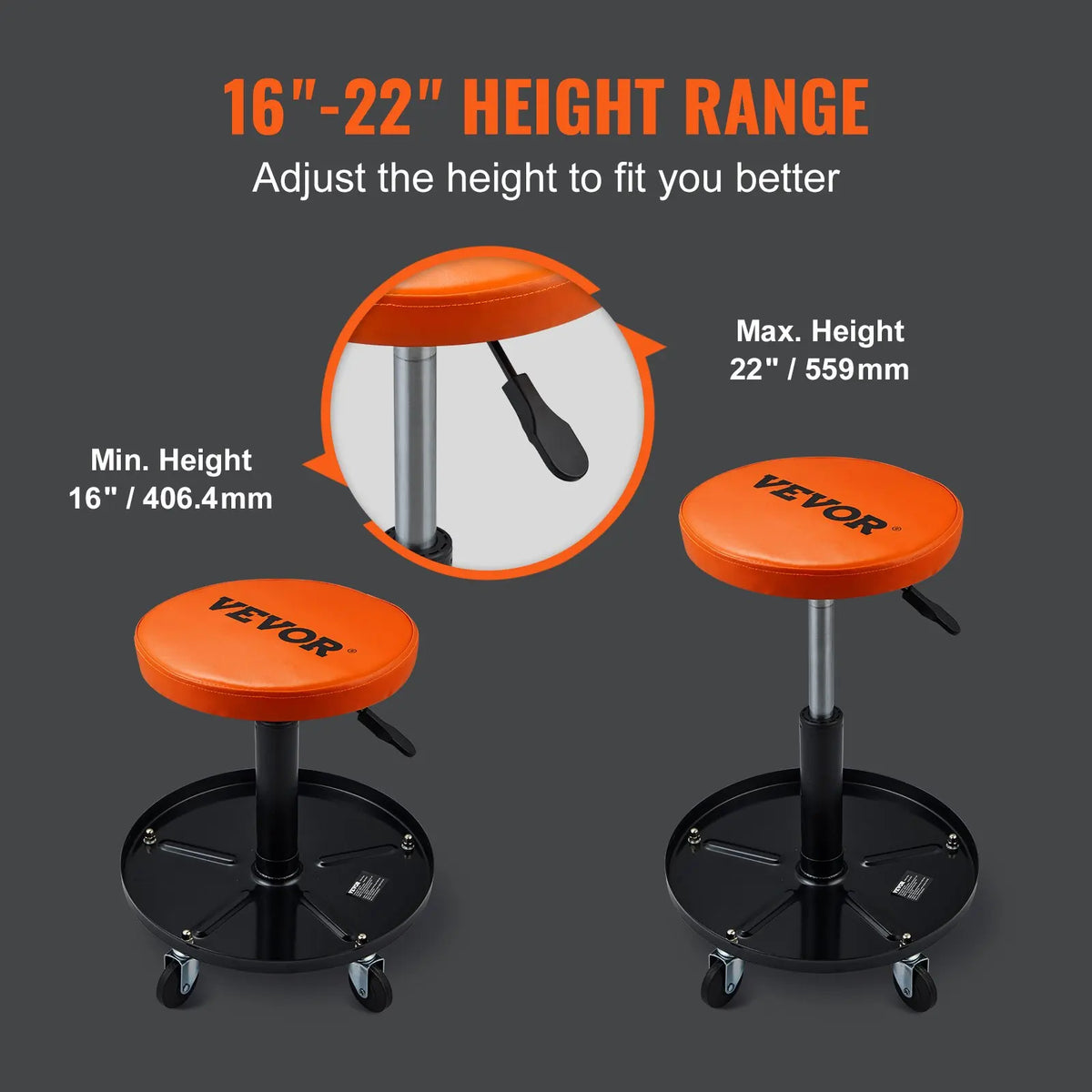 Mechanic Stool, 250 LBS Rolling Pneumatic Creeper Garage/Shop Seat, Adjustable Height 16-22  with Tool Tray