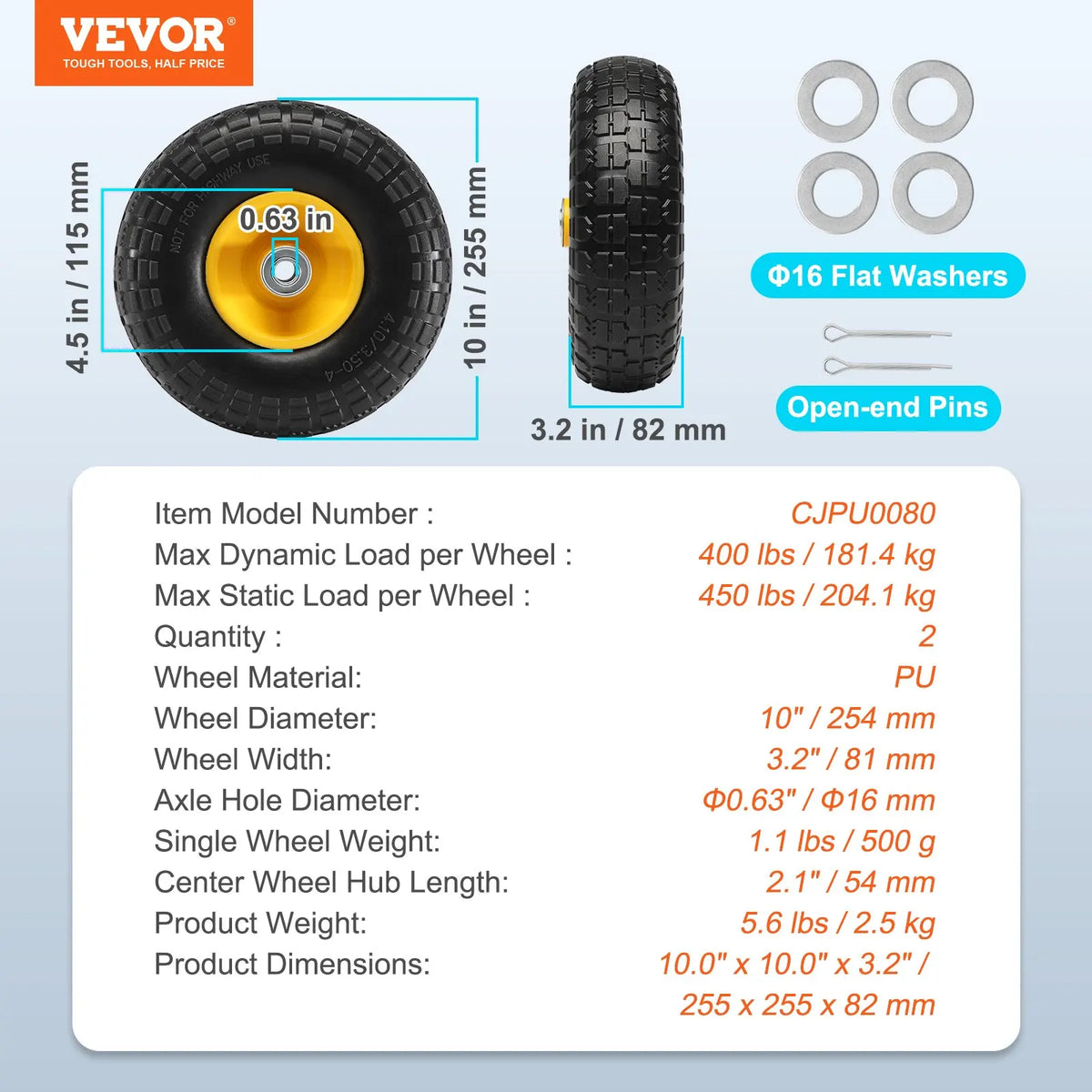 10" Solid PU Tire & Wheel Set (2-Pack),400 lbs Load, Flat-Free Tubeless for Hand Trucks, Carts, Dollies & Trailers