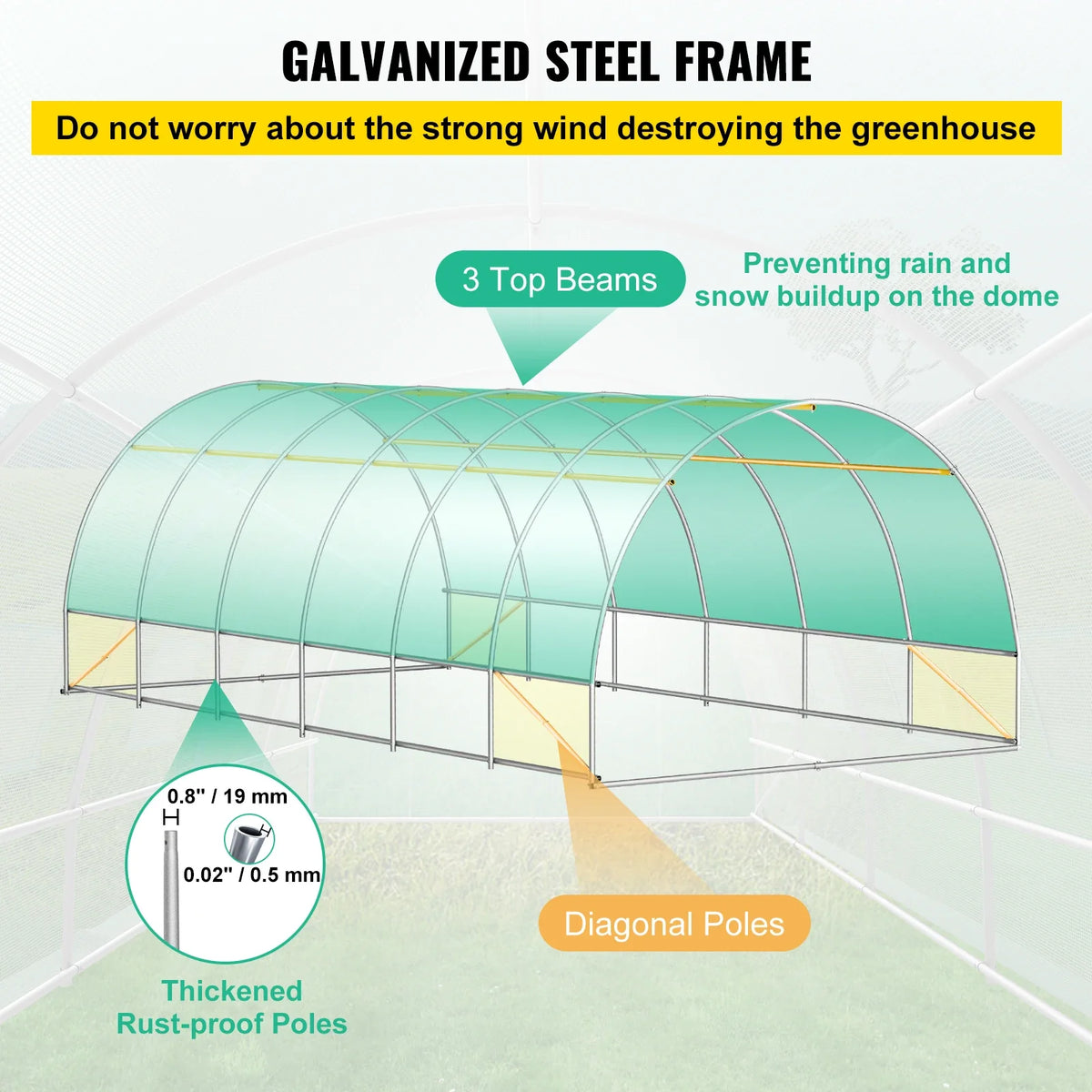 Walk-in Tunnel Greenhouse 20 x 10 x 7 ft Portable Plant Hot House with Galvanized Steel Hoops, 3 Top Beams For Plants Grow
