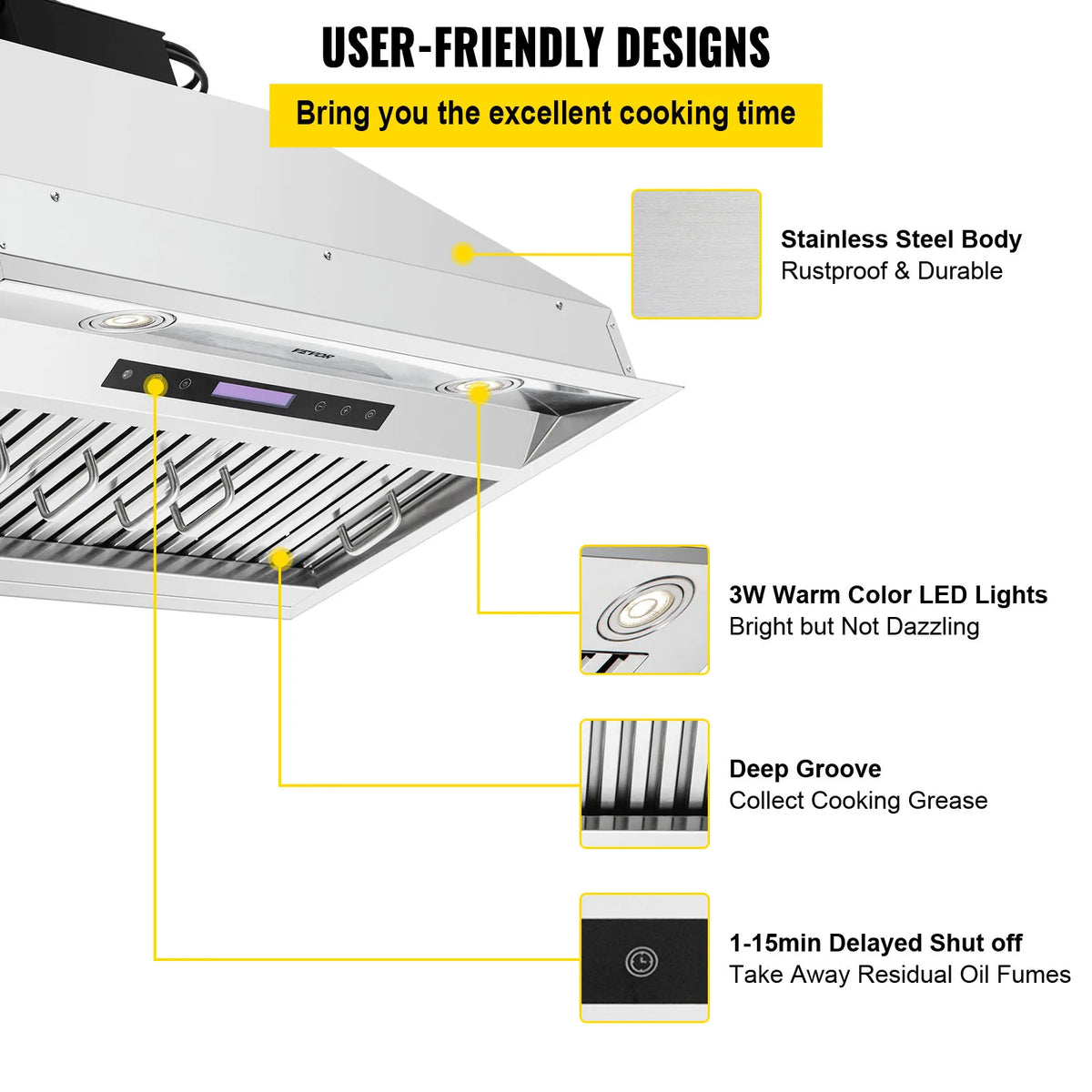 Insert Range Hood, 30/36 Inch Stainless Steel Built-in Kitchen Vent with Touch & Remote Control LED Lights Baffle Filters
