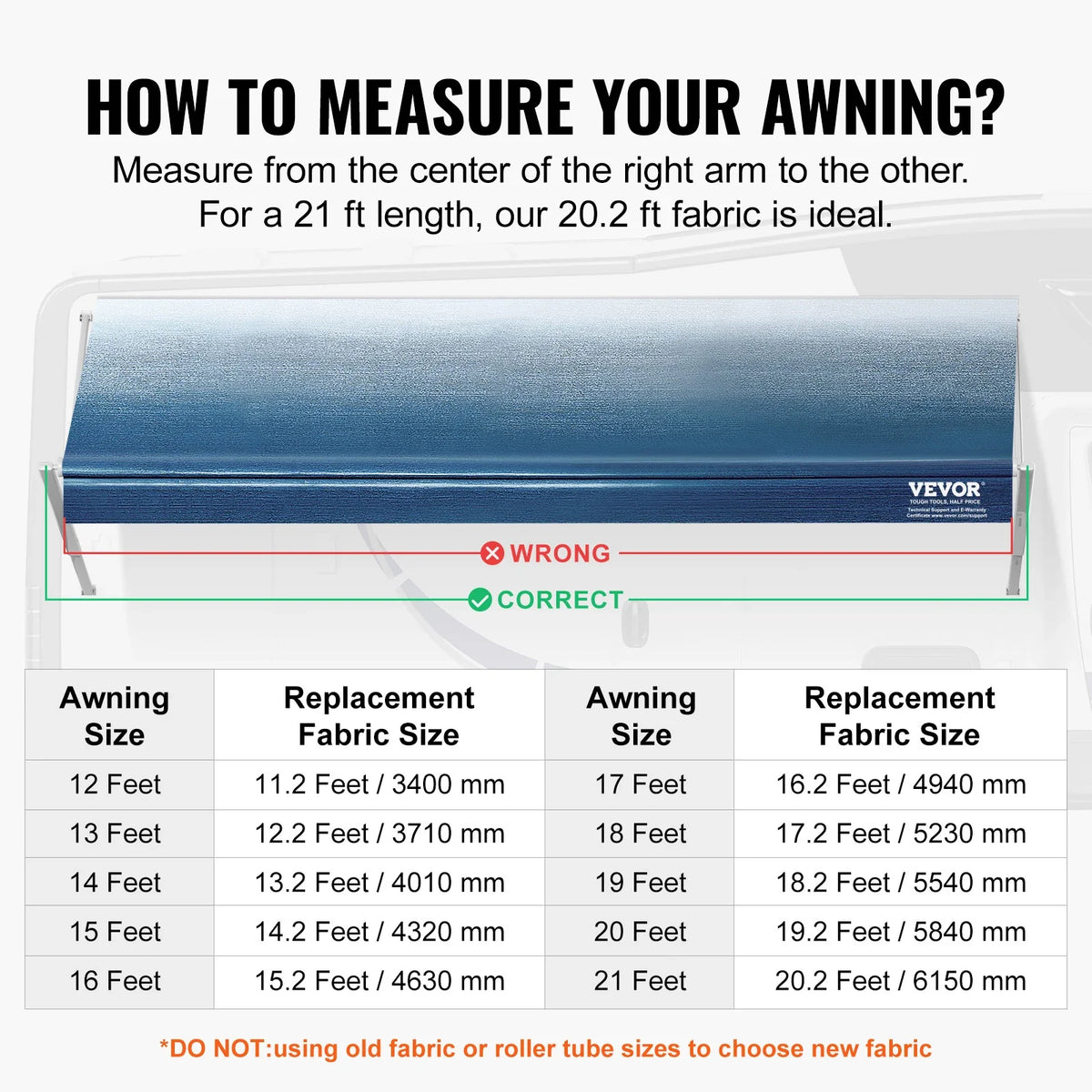 RV Awning Fabric Replacement 20'2" Fabric Length for 21' Awning Heavy Duty 3-Ply 16oz PVC Camper Awning Fabric Waterproof