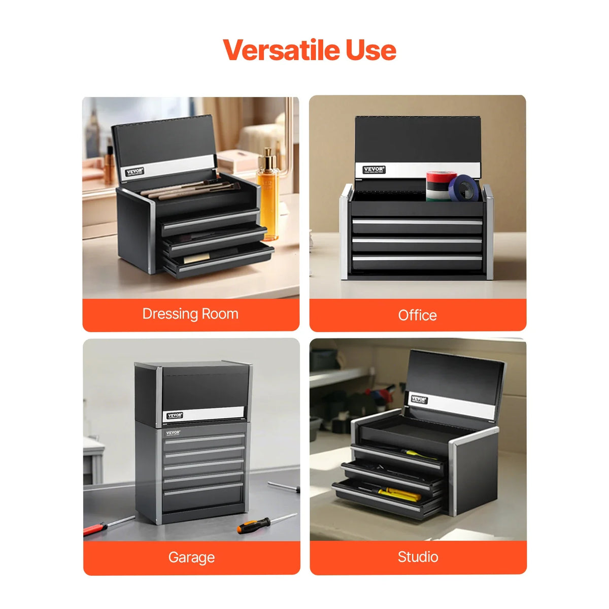 8.6in 3 Drawers Metal Tool Box Portable Tools Chest with PP Feet Pads & Ball Bearing Powder Coated Tool Storage for Garage
