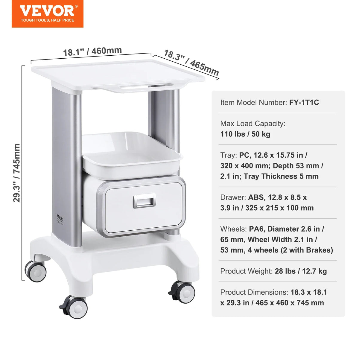 2 Tiers Lab Carts Lab Utility Cart Mobile Medical with ABS Material Lab Rolling Cart for Lab Clinic Hospital Salon