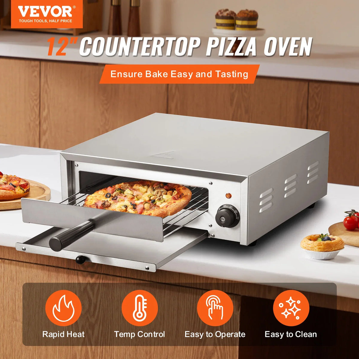 Countertop Electric Pizza Oven,12-inch,1500W,122-662℉ Temp Range,Stainless Steel Construction and Easy-to-Clean Crumb Tray