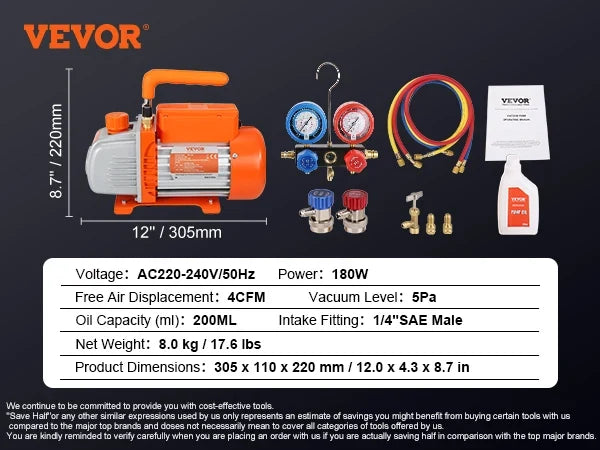 1/4HP 4CFM AC Vacuum Pump & Gauge Set,Single Stage Rotary Vane HVAC Air Vacuum Pump A/C Refrigerant Kit Manifold Gauge Set