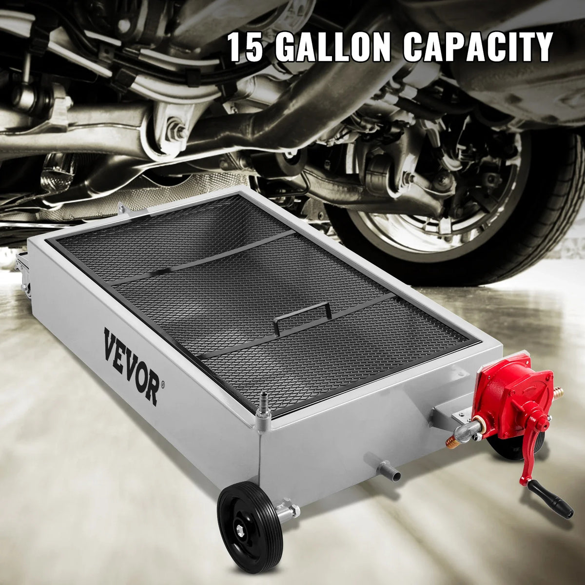 15 Gallon Oil Drain Tank 57L Low Profile Oil Drain Pan, Foldable Hand, with Pump, for Car SUV Trucks Oil Draining