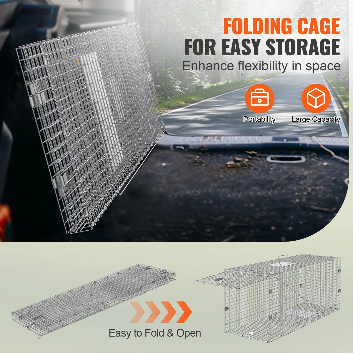 24/31/42/50in Live Animal Cage Trap Folding Humane Cat Trap Galvanized Iron with Handle for Rabbits Squirrels Groundhogs