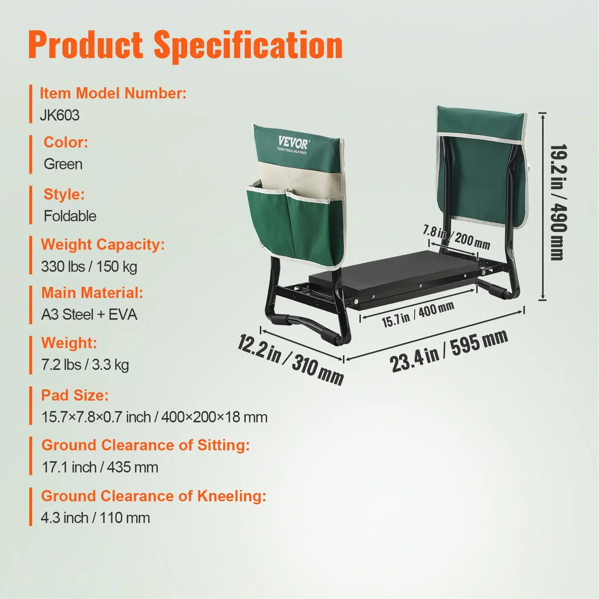 Garden Kneeler and Seat 330 lbs Load Capacity 8/10" EVA Wide Pad Foldable Garden Stool Kneeling Bench for Gardening