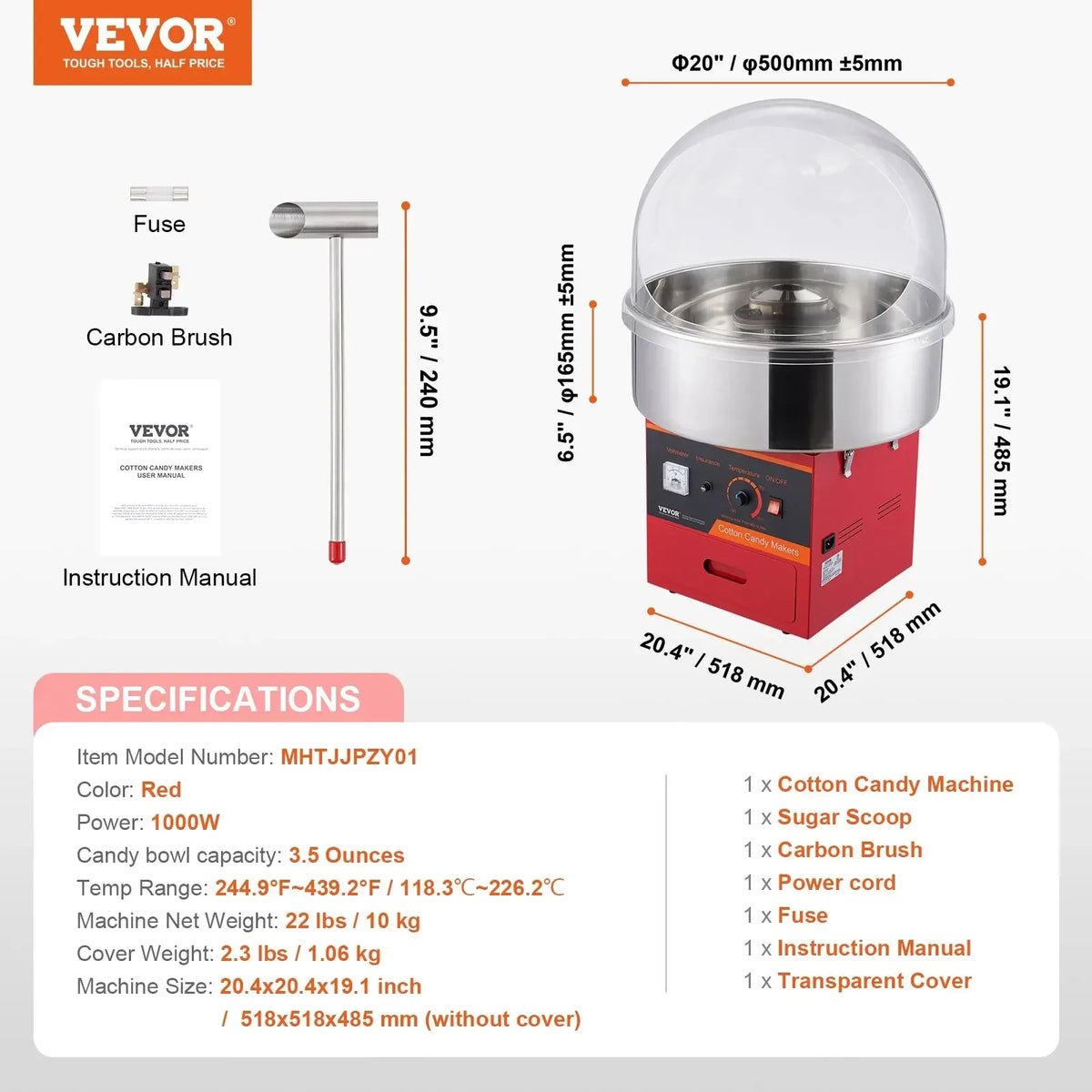 Electric Cotton Candy Machine Commercial Floss Maker with Stainless Steel Bowl Sugar Scoop and Drawer for Birthday Party