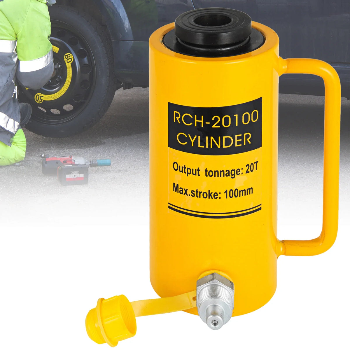 20T/44000LBS Hollow Hydraulic Cylinder Jack 100mm Plunger Ram Hydraulic for Car Van Boat Truck Caravan