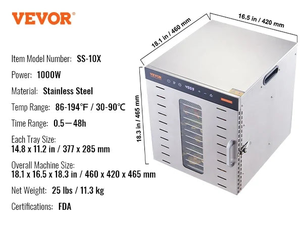 10 Trays Food Dehydrator Stainless Steel Machine 800W/1000W Household Vegetables Fruit Dryer with Digital Timer for Home