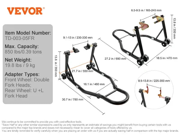 Motorcycle Stand Lift, 850lbs Front Rear Combo Stand Lift Stand, Front and Rear Wheel Fork Stand, U+L Fork Swingarm Spool