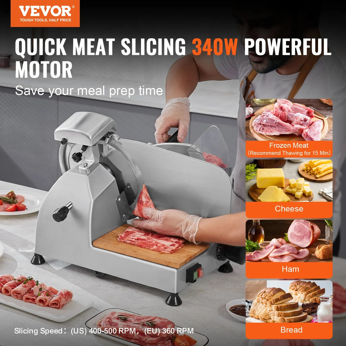 Meat Slicer, 340W Electric Deli Food Slicer with 10" SUS420 Stainless Steel Blade and Built-in Sharpening Stone,0-0.6 inch