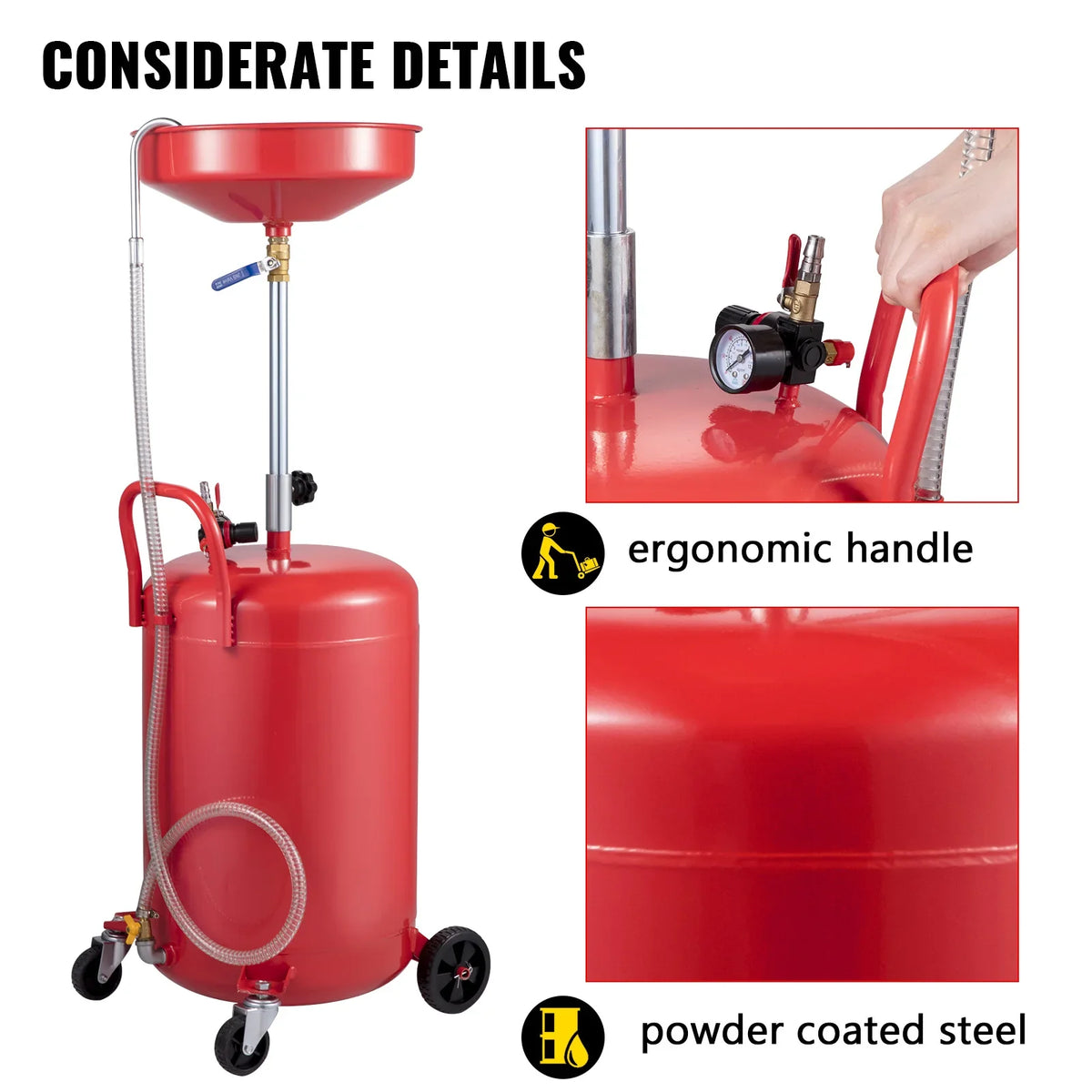 20 Gal Portable Waste Oil Drain Tank Fluid Fuel Transfer Drainage Adjustable Funnel Height, with Pressure Regulating Valve