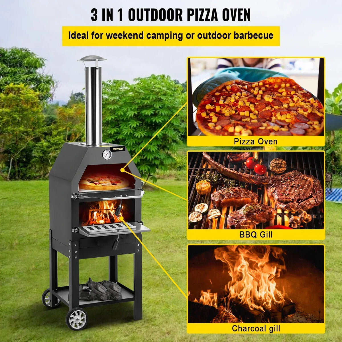 12" Outdoor Pizza Oven,2-Layer Wood Fire Pizza Oven ,Wood Burning Outdoor Pizza Oven w/ 2 Removable Wheel ,for Camping