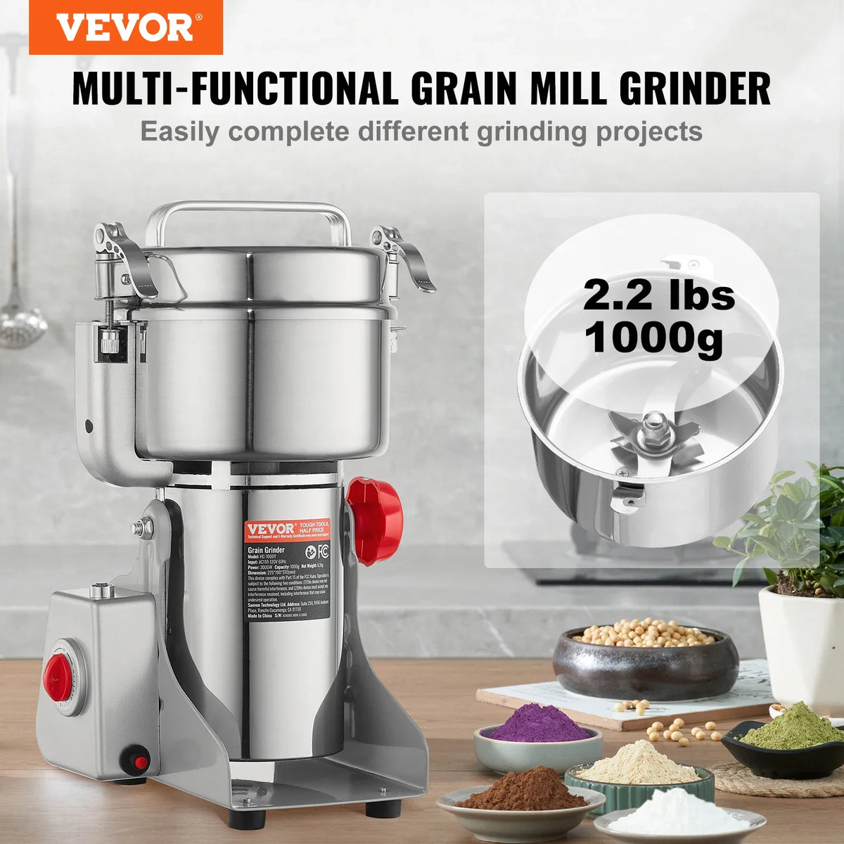 1000g Electric Grain Mill Grinder, High Speed 3000W Commercial Spice Grinders, Stainless Steel Pulverizer Powder Machine