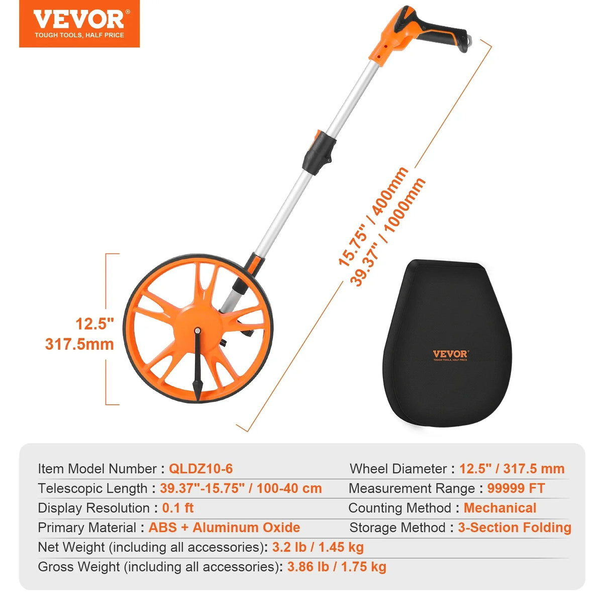 Measuring Wheel Telescoping Measure Wheel Measurement 0-9,999m with Back Bag Suitable for Lawn/Hard/Wood Road Measuring