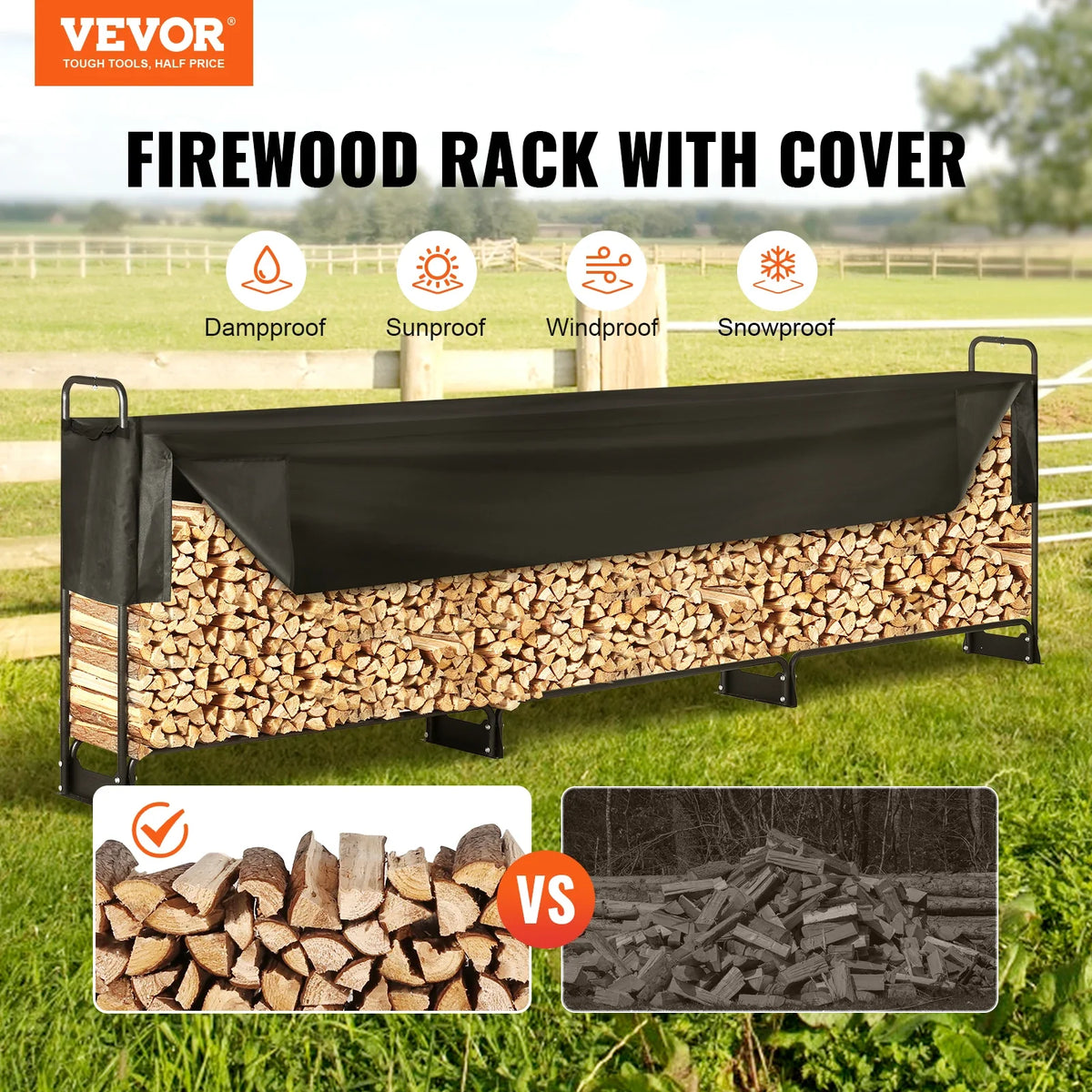 4.3/8.5/12.7FT Outdoor Firewood Rack w/Cover Heavy Duty Firewood Holder & 600D Oxford Waterproof Cover for Fireplace Patio