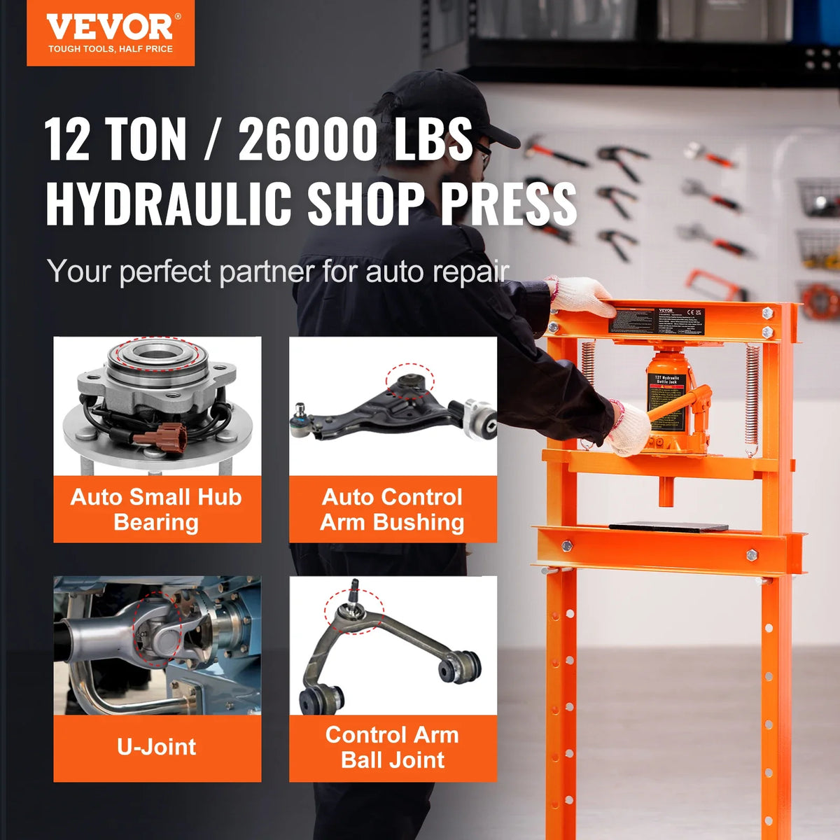 6/12 Ton Hydraulic H-Frame Garage Floor Adjustable Shop Press with Plates 6T/12T Orange for Garages or Professional Shops