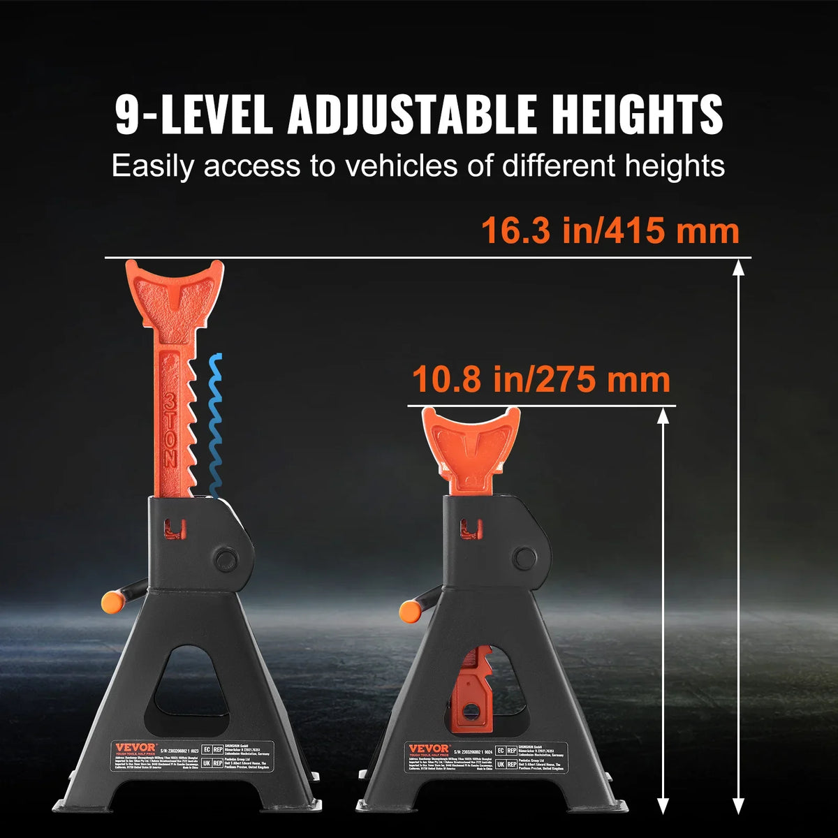 3 Ton (6,000 lbs) Capacity Car Jack Stands, 10.8-16.3 inch Adjustable Height, for lifting SUV, Pickup Truck, Car , 1 Pair