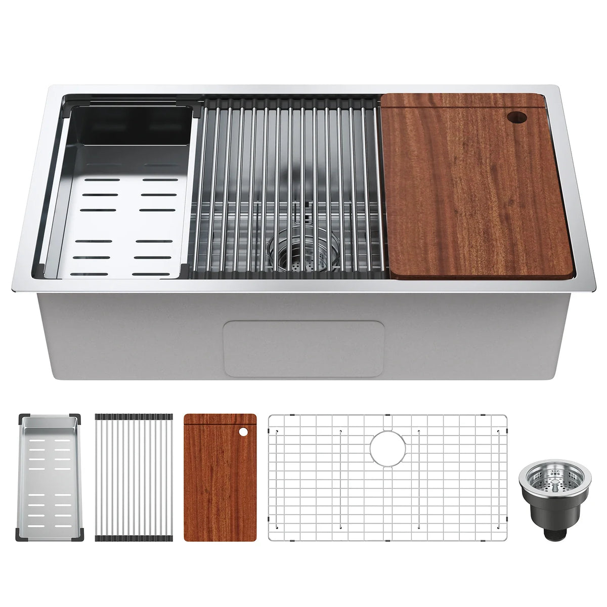 25-32inch Stainless Steel Kitchen Sink Undermount Single Bowl Workstation Step Sink with Cutting Board and Basket Strainer