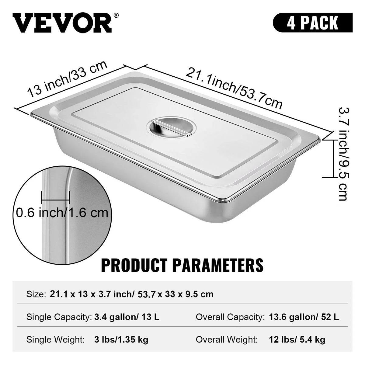 4/6 Pack Steam Table Pans Full Size Deep Food Container Stainless Steel Oven Tray Hotel Pans Anti-Jam Steam Table Food Pan