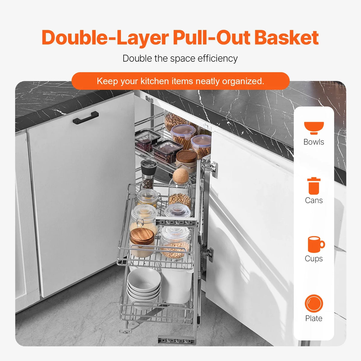 18"W Opening Blind Corner Pull Out Organizer, 2 Tier 4 Shelf Kitchen Cabinet Organizer, Chrome Carbon Steel Storage Basket